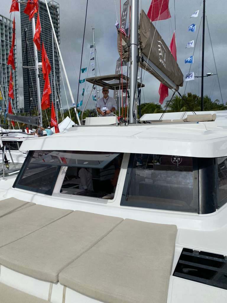Couple on stern platform of Bali Catspace catamaran