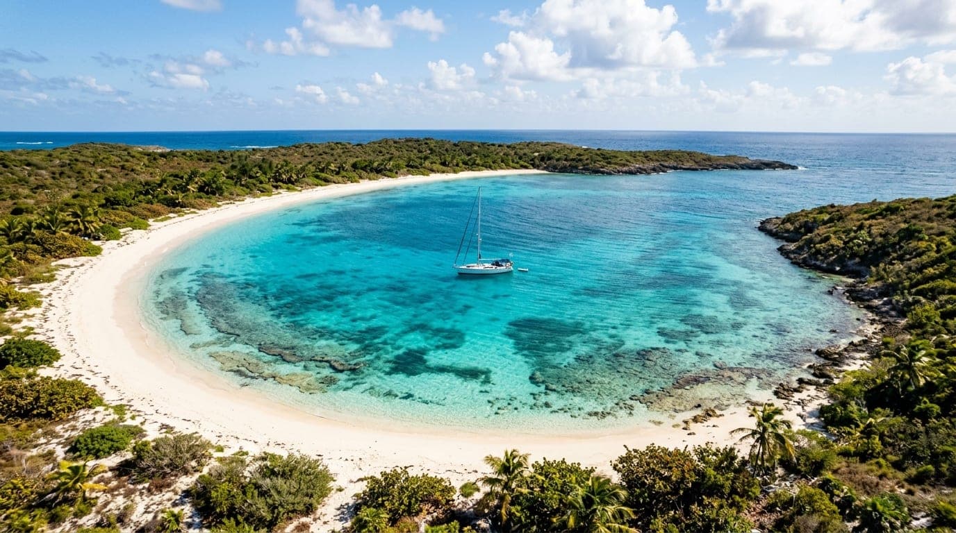 Crescent-shaped bay at Attwood Harbour with turquoise water surrounded by white sand beach and low green vegetation on Lady Slipper Cay