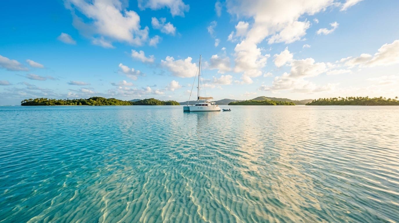 Vast shallow turquoise waters of the Bight of Acklins with sandy bottom visible through crystal-clear water and distant low islands on the horizon