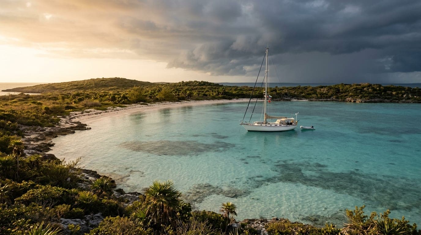 Western shore of Buena Vista Cay with turquoise water and white sand beach providing sheltered anchorage in the Ragged Islands