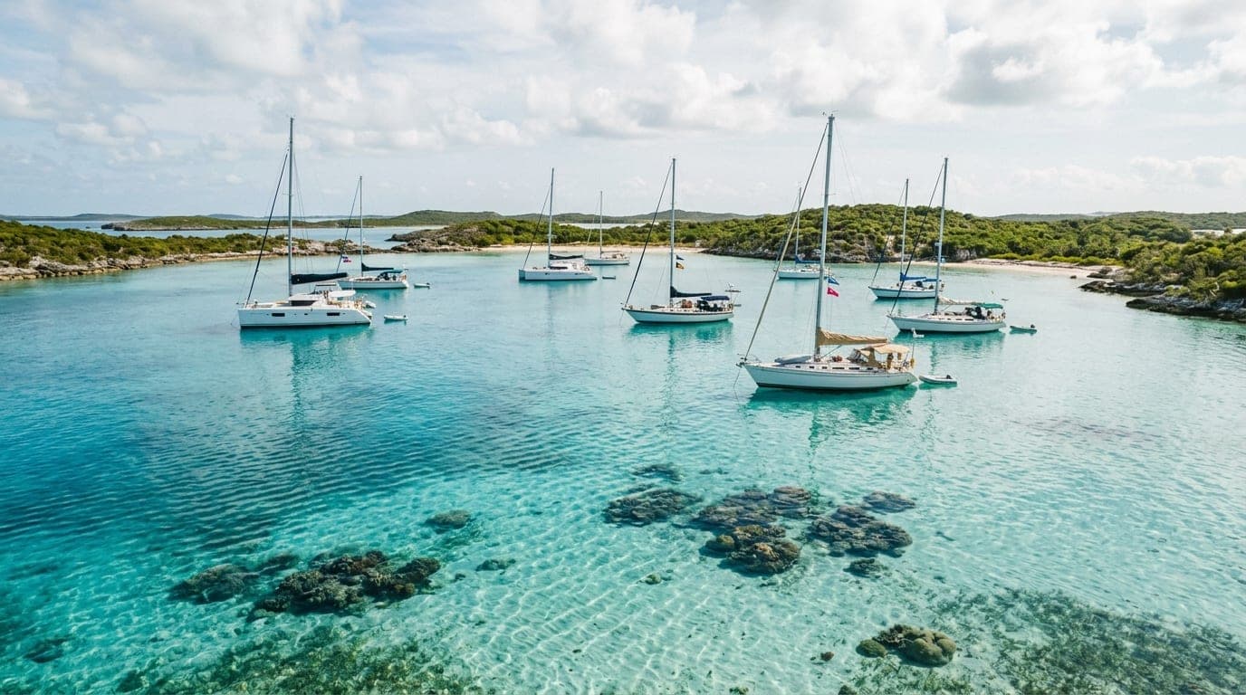 Mooring field at Cambridge Cay with turquoise water, scattered coral heads visible, and low green cays in the background