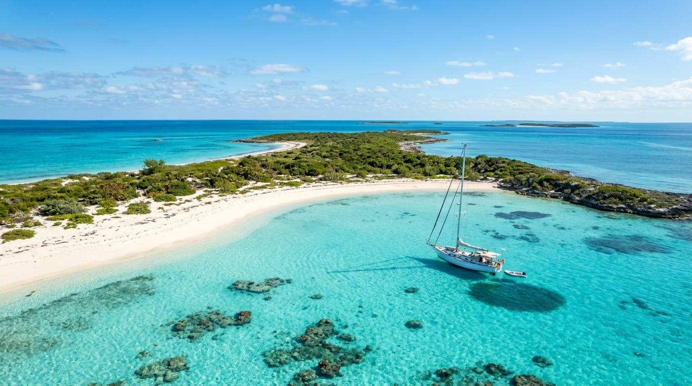 Crystal-clear turquoise water at Flamingo Cay anchorage with white sand beach and low scrub vegetation on the uninhabited cay