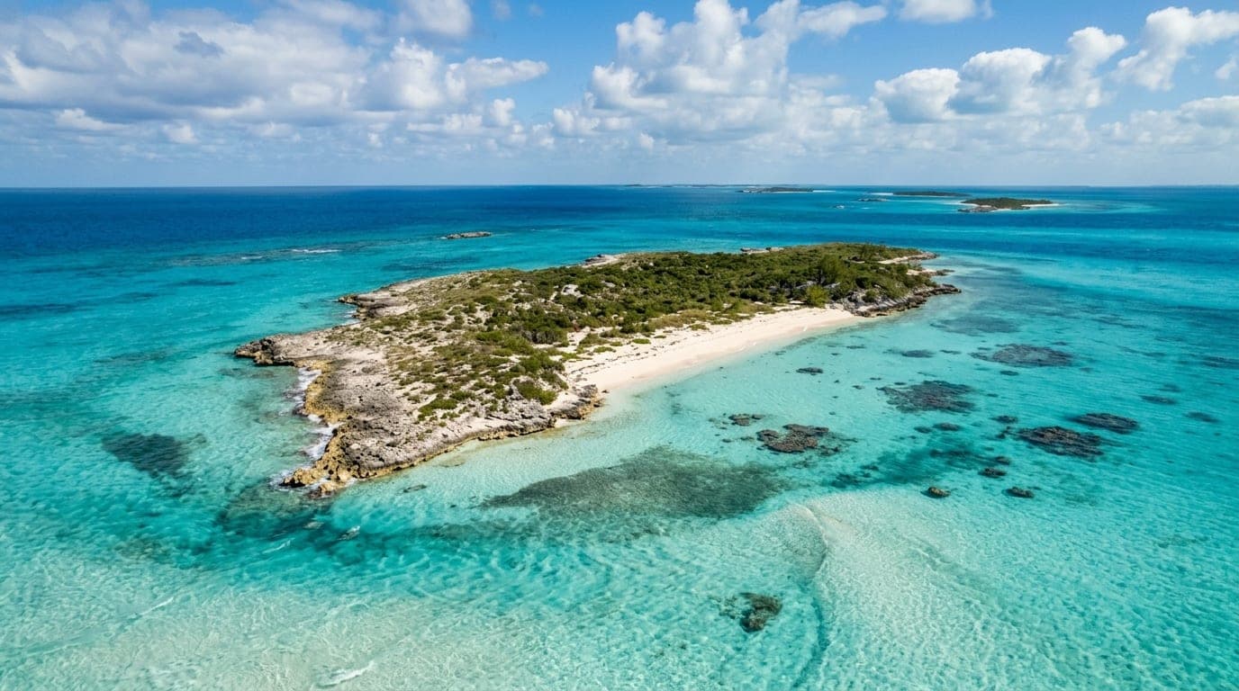 Small uninhabited Fowl Cay in the Berry Islands Bahamas with turquoise water and visible tidal current patterns