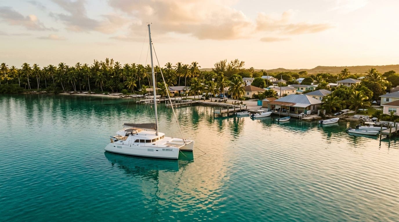 Sailboat at anchor in the tidal waters of Fresh Creek with the Andros shoreline and palm trees in the background