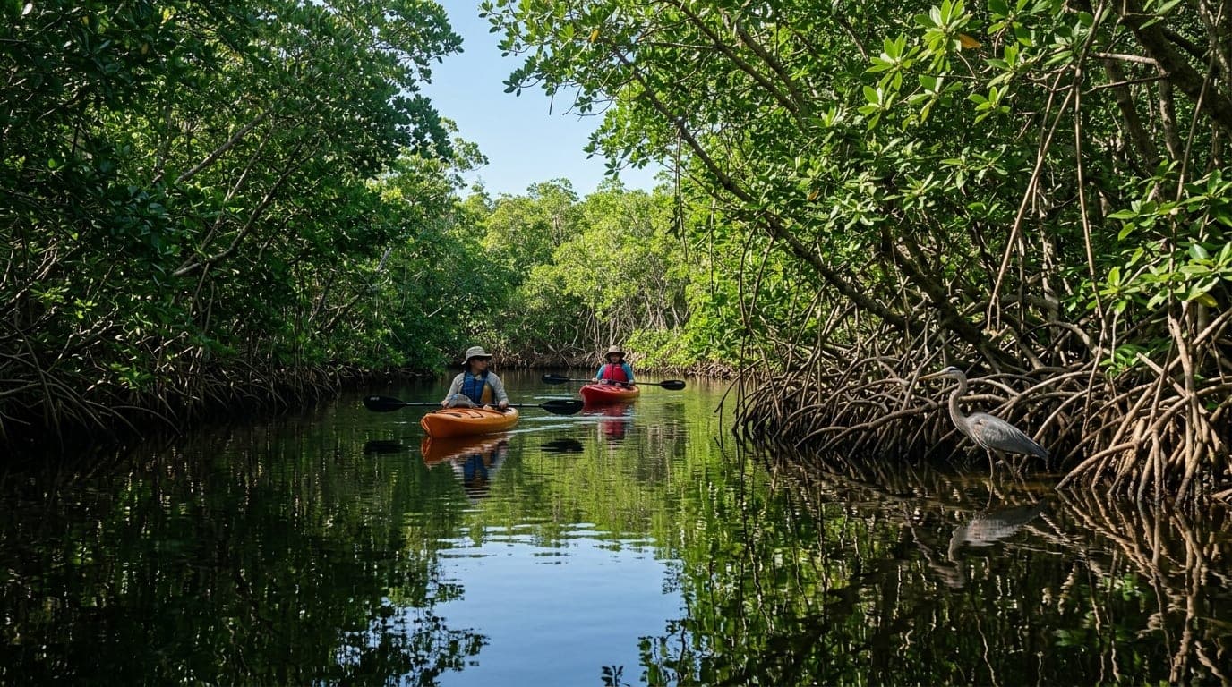 Kayakers paddling through calm mangrove-lined Gold Rock Creek with lush green vegetation reflecting on still water