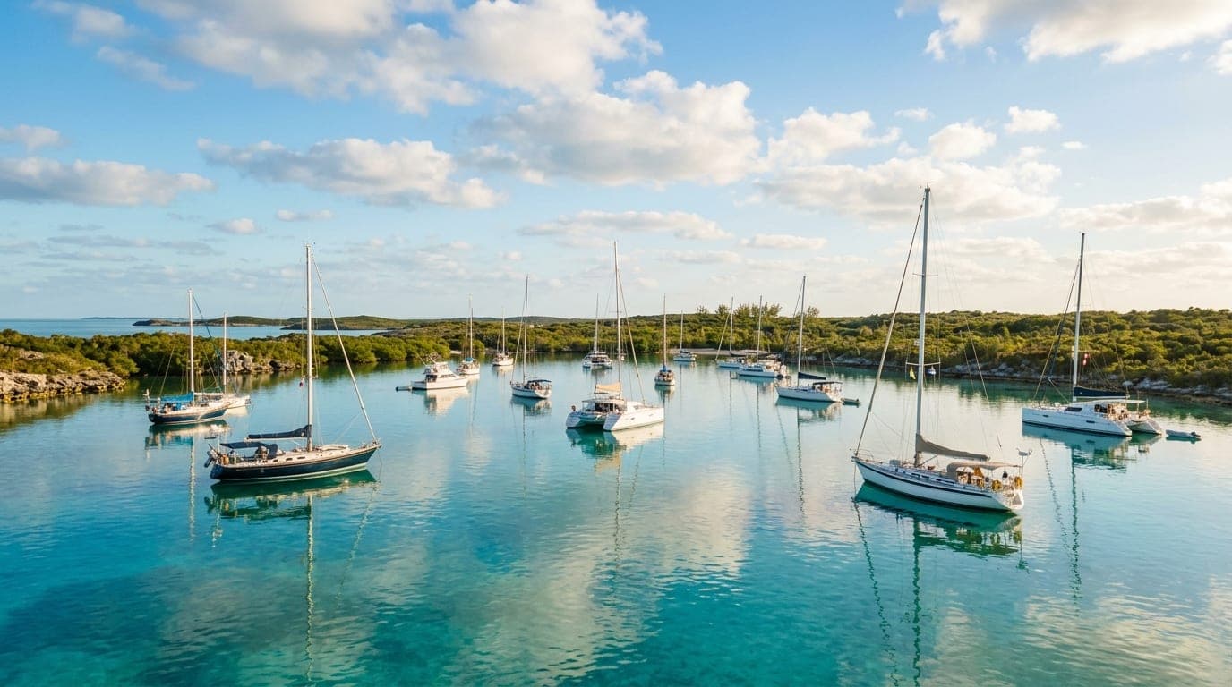 Several sailboats anchored in the protected Northwest Harbor of Great Sale Cay with low mangrove shoreline and calm turquoise water