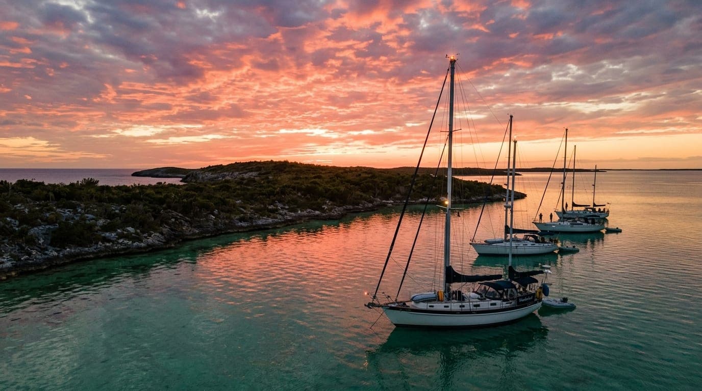 Several cruising sailboats at anchor in the lee of Great Sale Cay at sunset with dramatic clouds over the shallow Little Bahama Bank waters