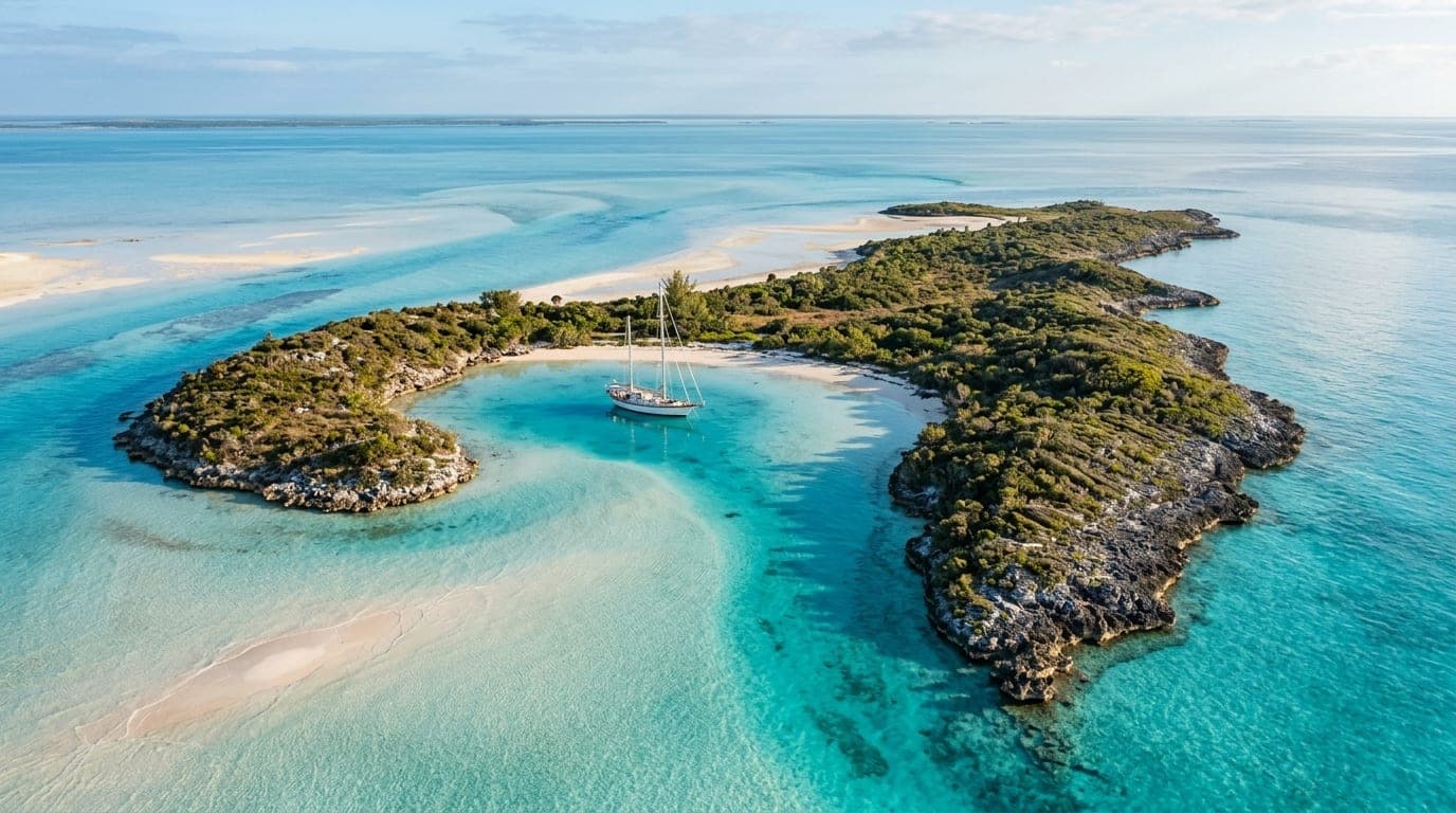 Aerial view of Great Sale Cay showing the stirrup-shaped uninhabited island with turquoise shallow waters of the Little Bahama Bank surrounding it