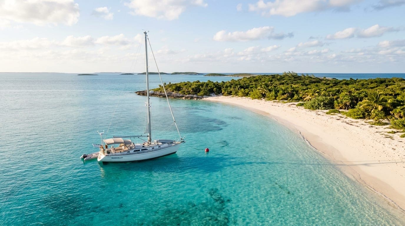 Sailing yacht on a mooring ball in turquoise water off a white sand beach at Hawksbill Cay in the Exumas