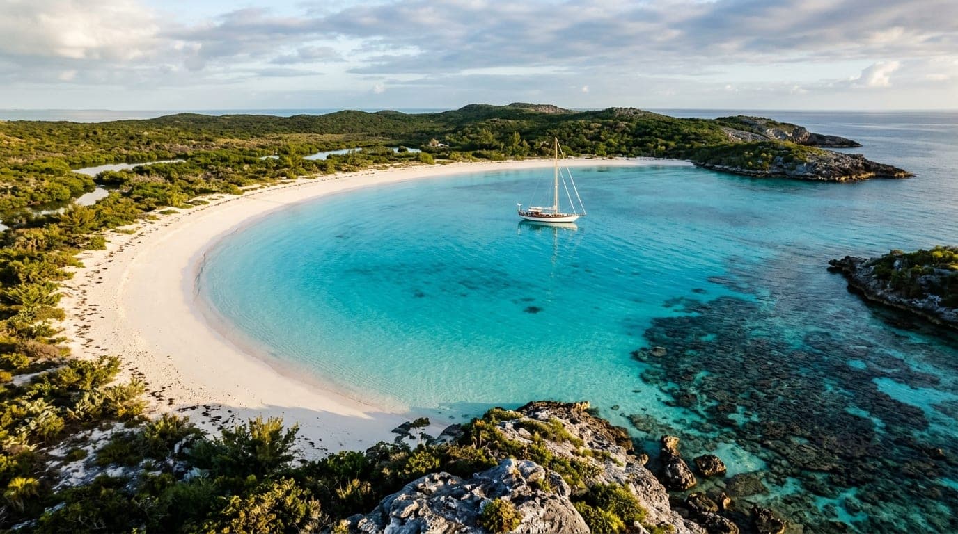 Horseshoe shaped bay at Johnson Cay with turquoise water white sand beach and coral reef visible along the western edge of the cove