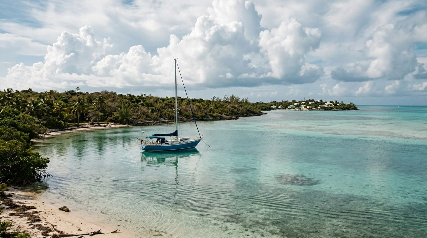 Calm turquoise bay at Kemps Bay South Andros with sailing yacht anchored near palm-lined shore and shallow flats extending toward horizon