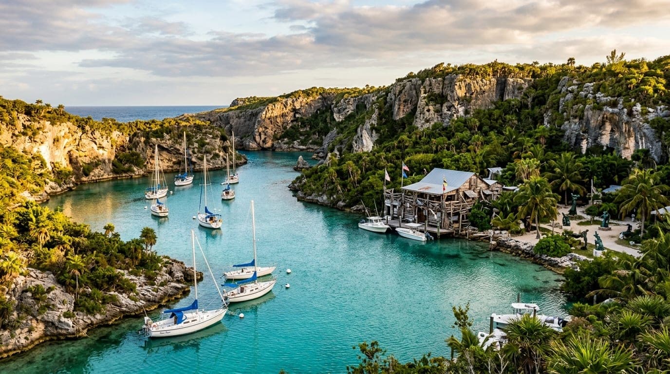 Little Harbour with its dramatic limestone cliffs, turquoise water, and Pete's Pub visible on the shore with boats on moorings