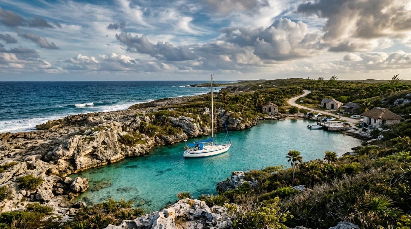 Small protected harbour with turquoise water surrounded by rocky Atlantic coastline and low vegetation typical of Long Island Bahamas