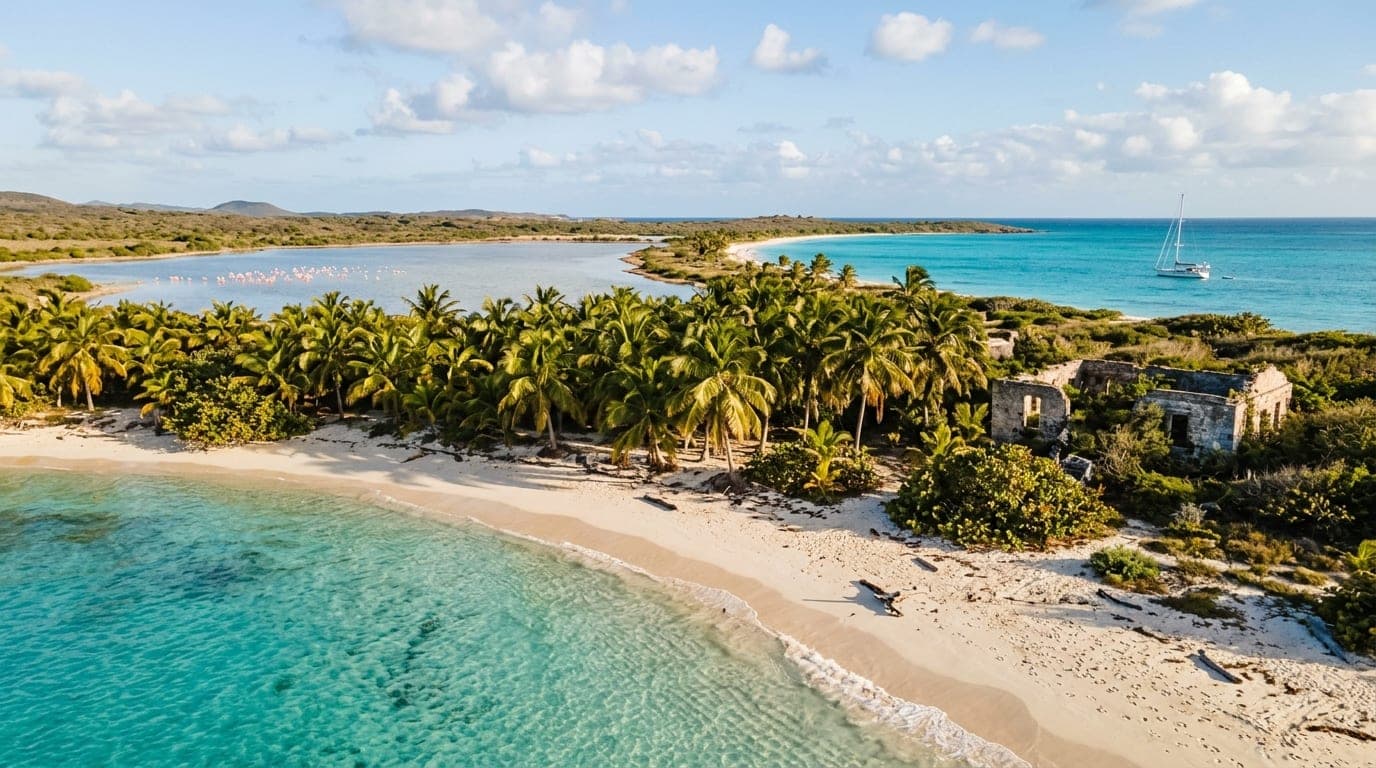 Long Cay coastline with white sand beach, coconut palms, and flamingos visible in distant salt pond behind the shore