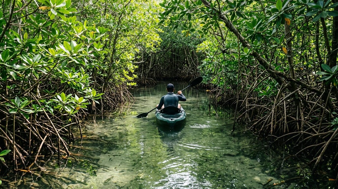 Kayakers paddling through calm mangrove-lined Gold Rock Creek in Lucayan National Park with lush green vegetation reflecting on still water
