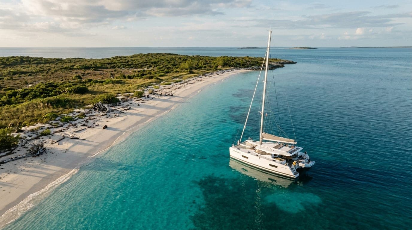 Cruising catamaran anchored in the lee of Lynyard Cay with white sand beach and low scrub vegetation under a clear blue sky