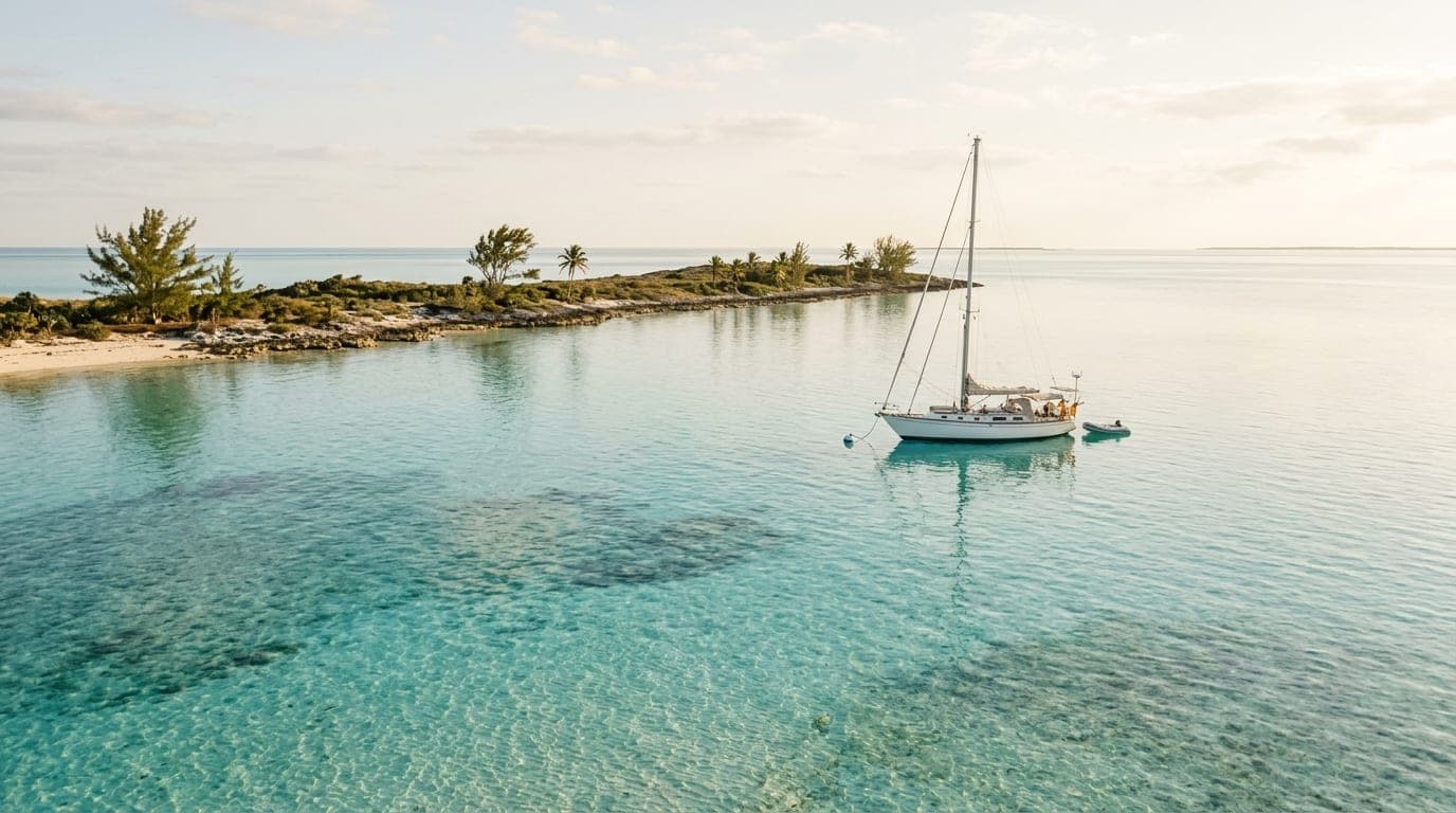 A cruising sailboat anchored in calm turquoise water on the banks side of North Bimini with the low cay visible in the background