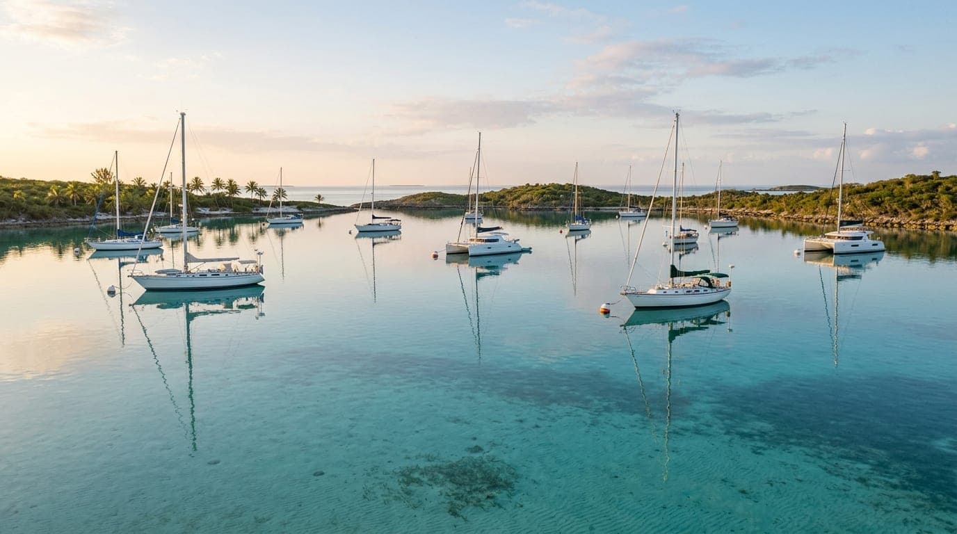 Calm mooring field at Red Shanks in Elizabeth Harbour with sailing yachts and Georgetown visible in the distance