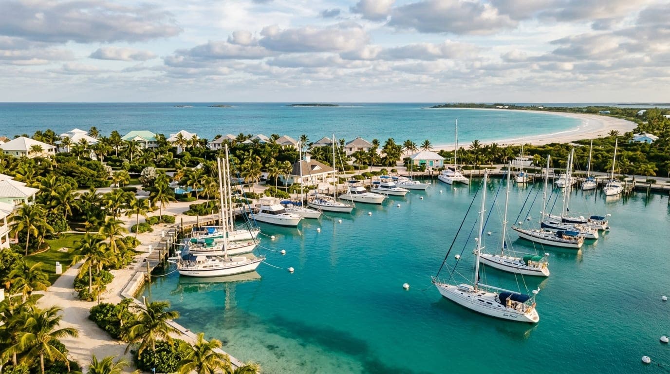 Treasure Cay Marina with sailboats at mooring balls and the pristine white sand beach visible in the background beyond palm trees