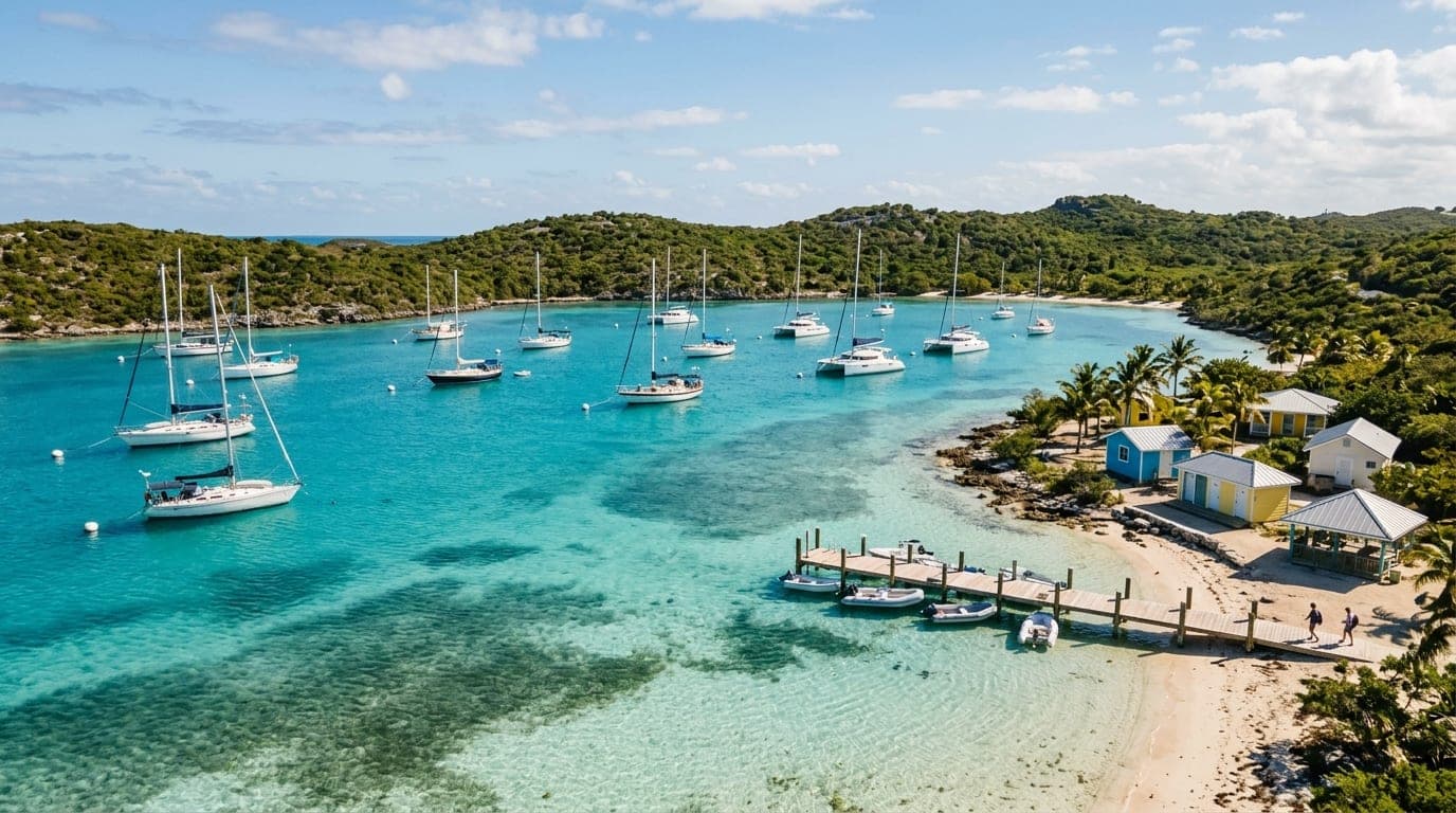 Yachts on mooring balls in the turquoise waters of Warderick Wells North harbour with Boo Boo Hill rising in the background