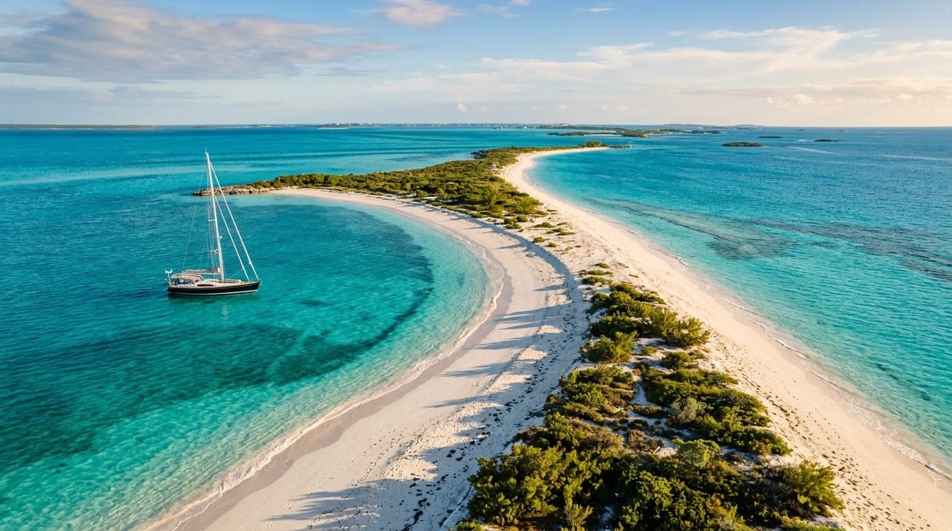 Pristine white sand spit of White Point extending into crystal turquoise water with a sailing yacht anchored in the lee on Great Guana Cay