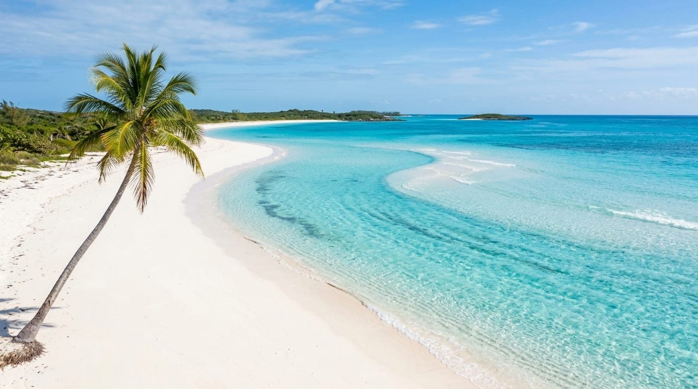 A pristine empty white-sand Bahamian beach curving along clear turquoise water with a lone palm