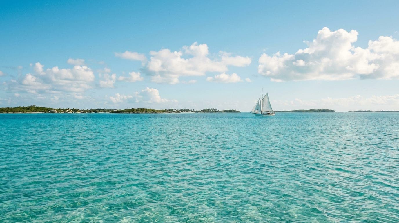 A calm sunny day on the Sea of Abaco with fair-weather clouds and a distant sailboat on turquoise water