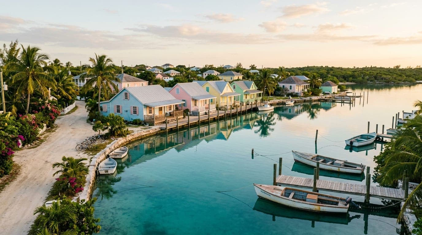 A calm harbour at a historic Bahamian out-island settlement with pastel waterfront buildings reflected in still water