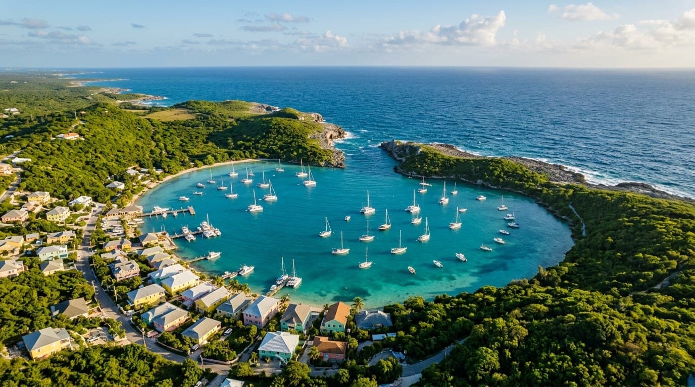 View of Hatchet Bay harbor from above, showing the protected circular anchorage and narrow entrance cut through rock