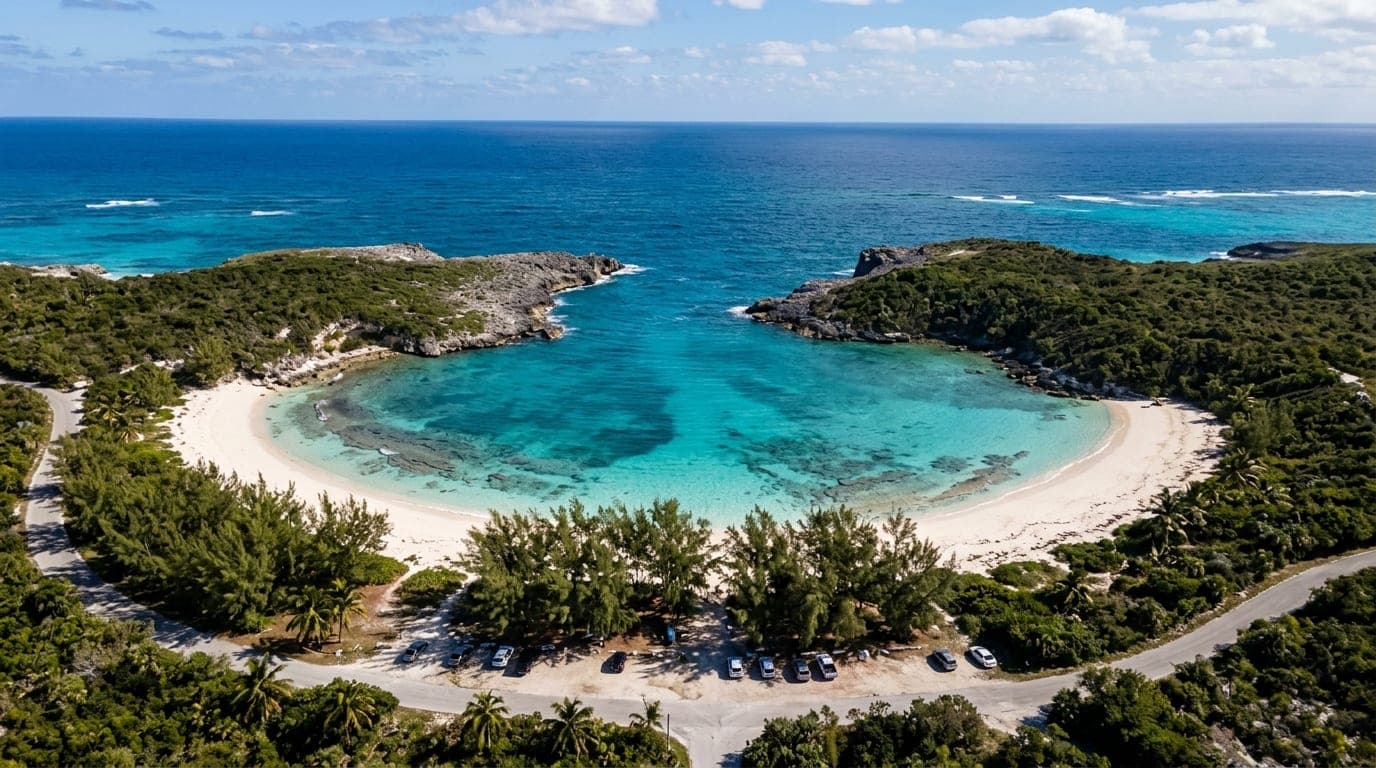 Horseshoe-shaped Ben Bay Beach with calm turquoise lagoon waters surrounded by white sand and casuarina trees