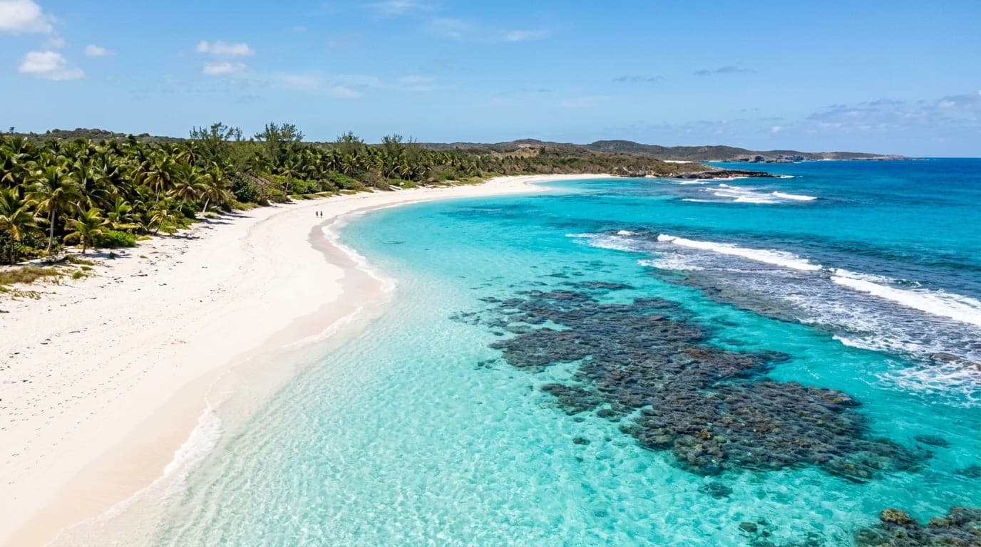 Three-mile Atlantic beach with offshore reef visible in clear turquoise water at East Beach San Salvador