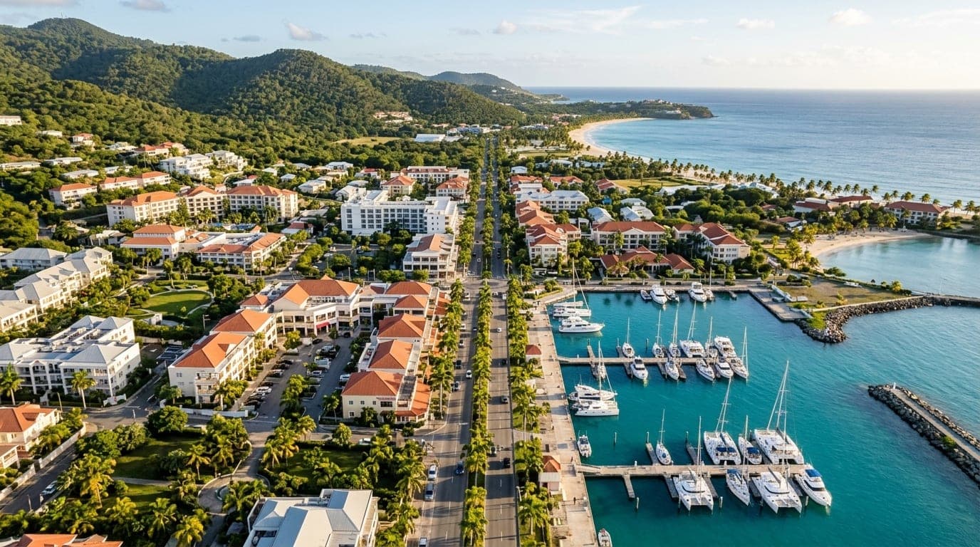 Aerial view of Freeport, Grand Bahama showing palm-lined streets, turquoise harbour waters, and resort buildings under a bright Caribbean sky