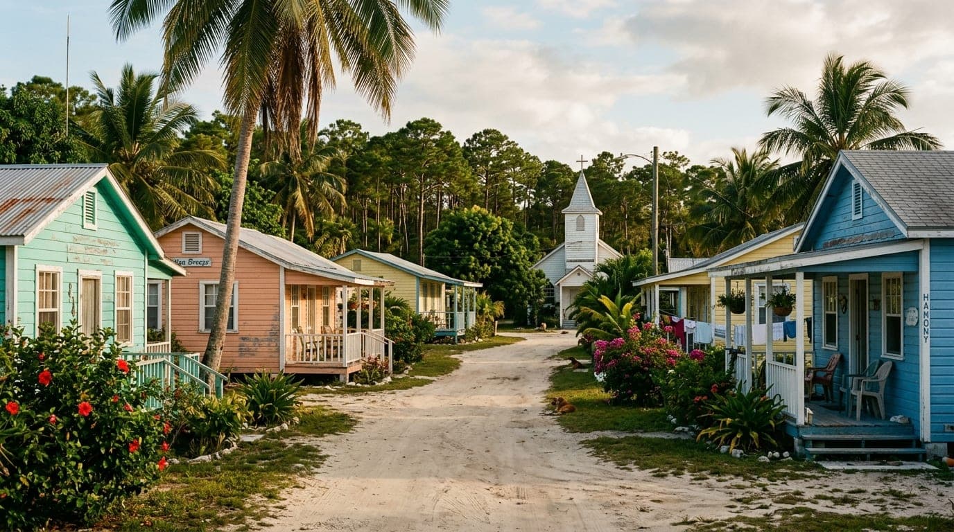 Traditional Bahamian houses in Freetown settlement with palm trees and pine forest in background