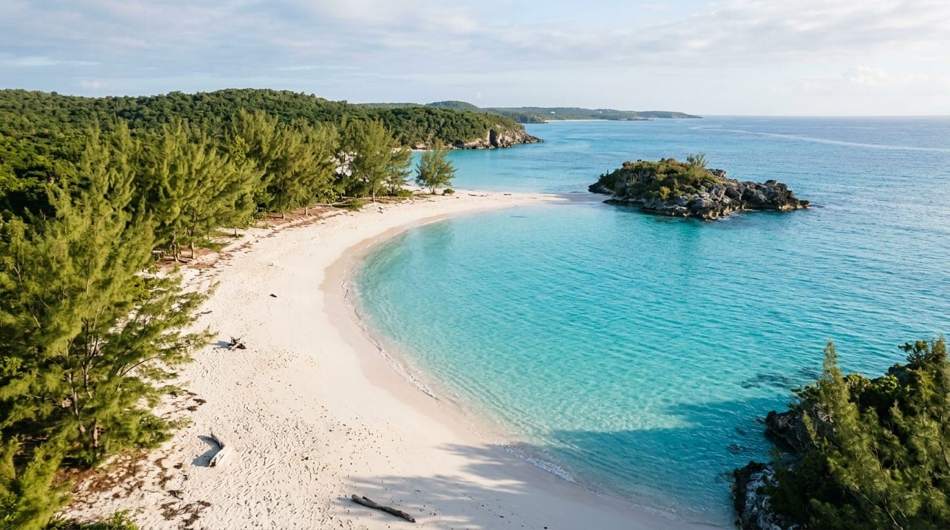Turquoise shallows at Gaulding Cay Beach with a small rocky islet offshore and casuarina trees lining the white sand shore