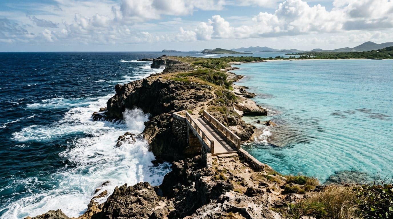 The Glass Window Bridge on Eleuthera with dark Atlantic waves on one side and calm turquoise Caribbean on the other