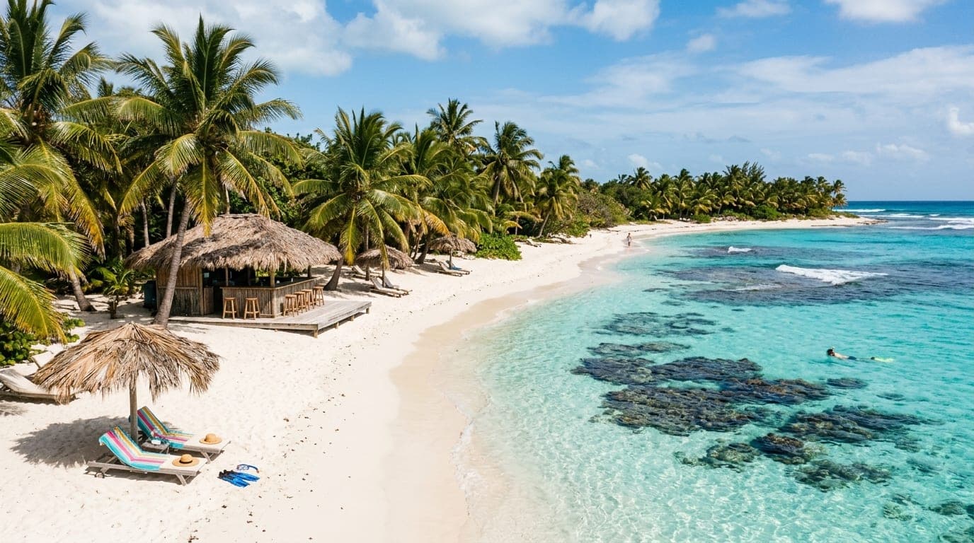 White sand beach at Paradise Cove with palm trees and crystal-clear turquoise water revealing reef structures beneath the surface