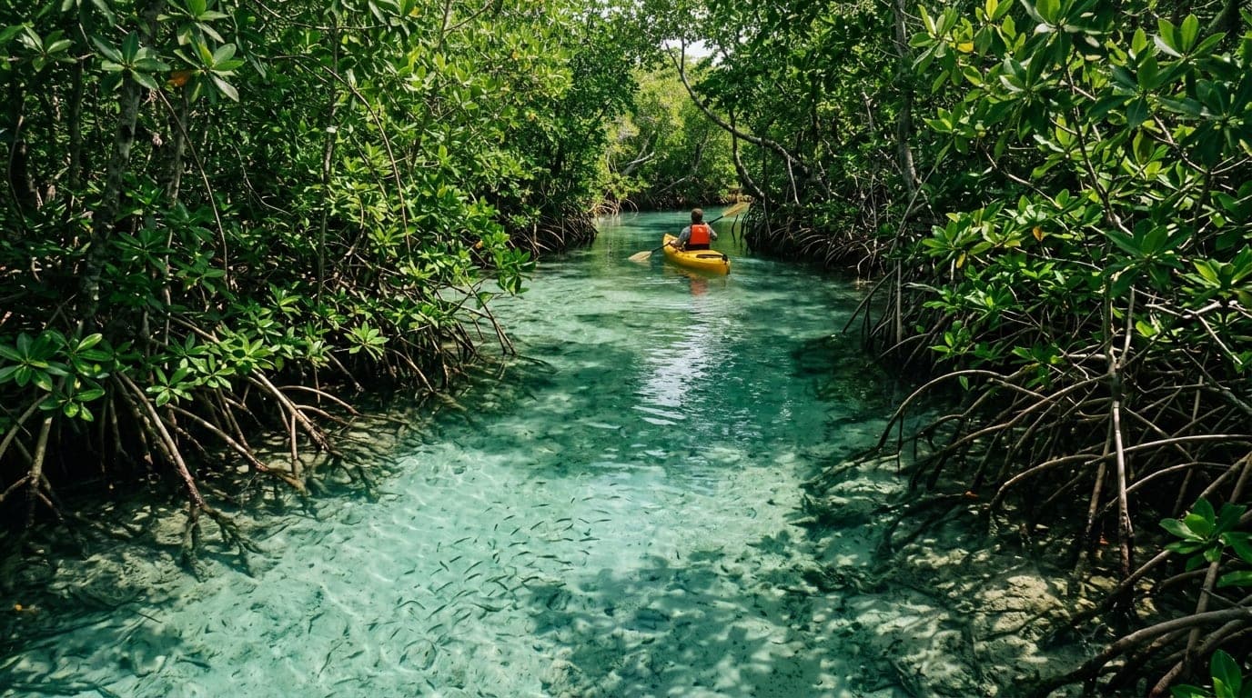 Kayaker paddling through a narrow mangrove creek at Shroud Cay with crystal-clear water and lush green mangrove walls on either side
