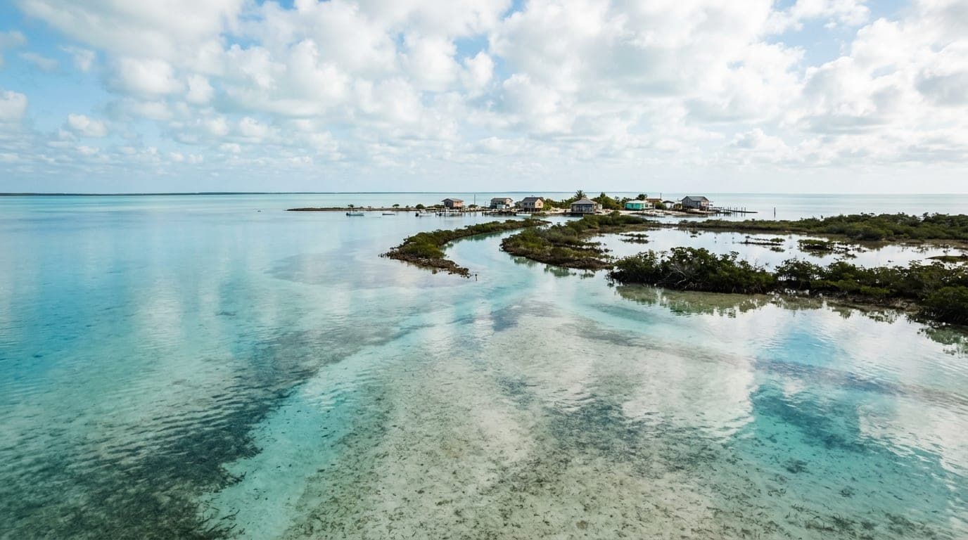 Shallow turquoise bonefishing flats stretching to the horizon around Sweeting's Cay with small settlement visible