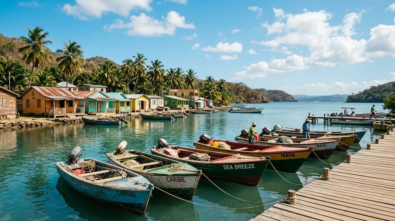 Weathered fishing boats moored at a quiet harbour in West End, Grand Bahama, with palm trees and simple waterfront buildings under a clear sky
