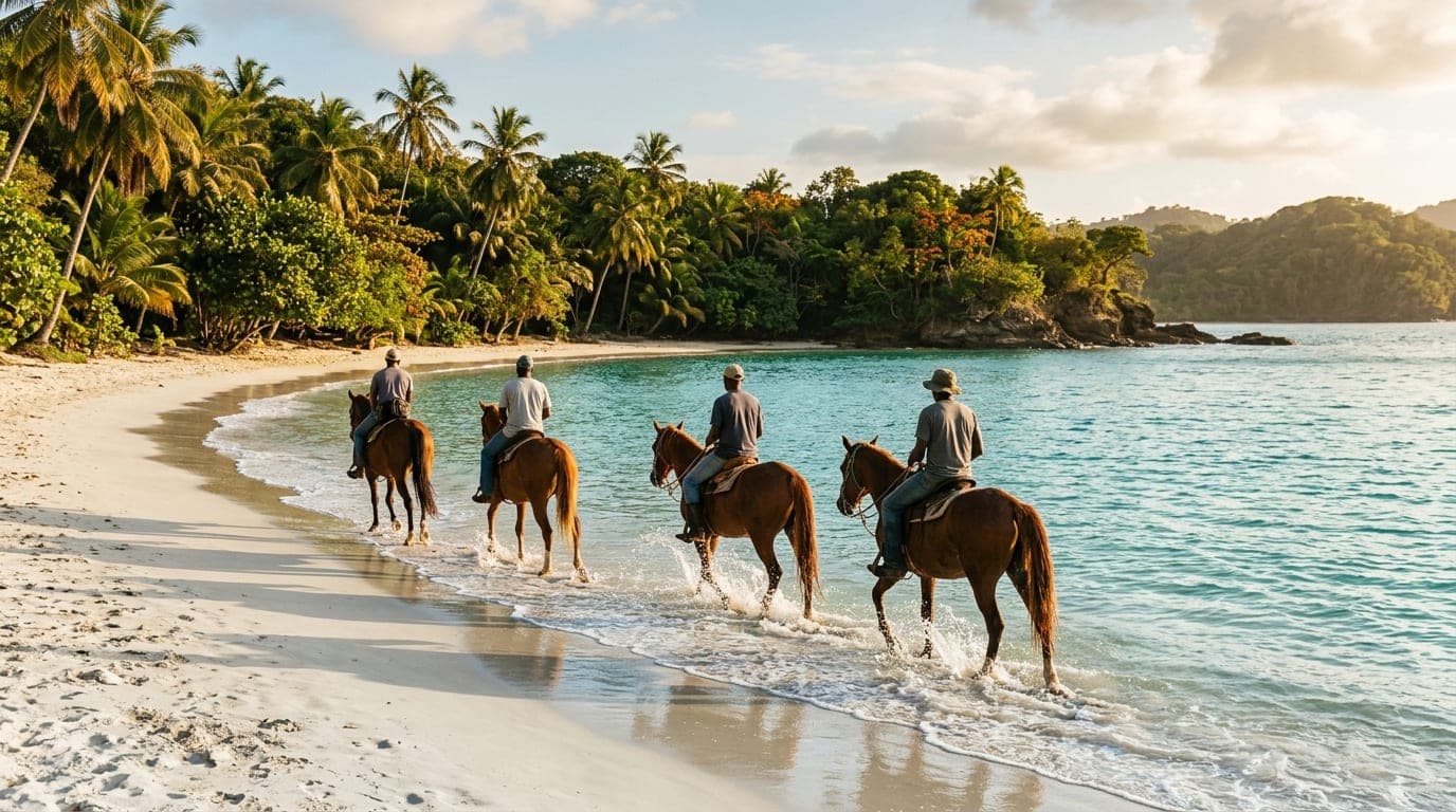 Horses walking along the waterline on William's Town Beach with white sand, turquoise water, and palm trees in the background
