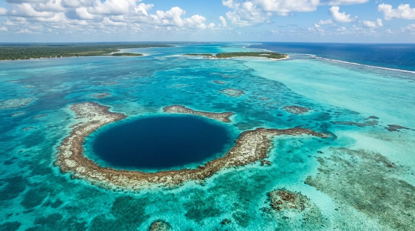 Aerial view of Conch Sound Blue Hole near North Andros showing the dark blue circular entrance in shallow turquoise water