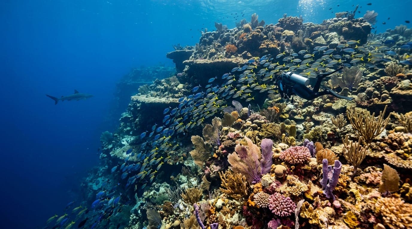 Diver swimming above massive terraced coral platforms of the Giant Staircase with schools of tropical fish and a Caribbean reef shark visible in the blue distance