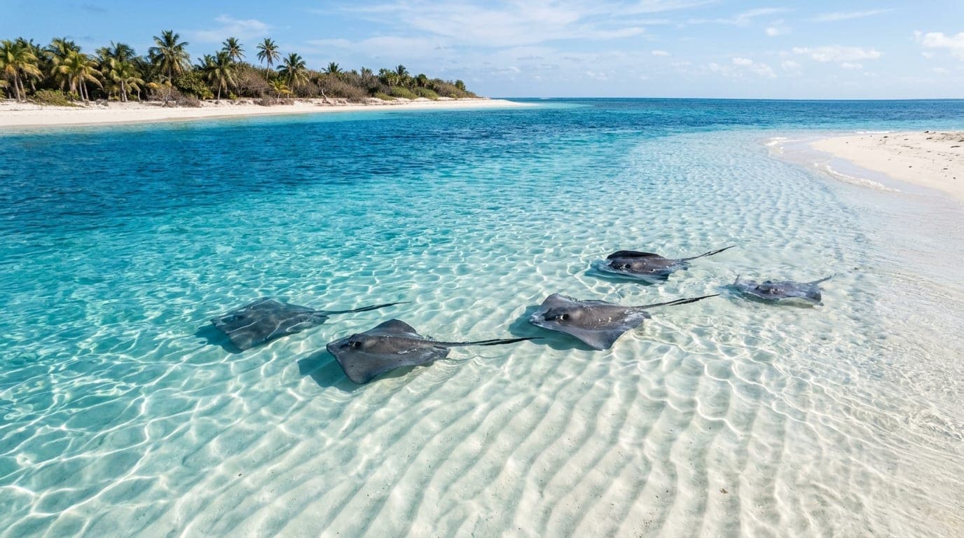 Southern stingrays gliding over white sand in crystal-clear shallow water at Honeymoon Harbour, Gun Cay, with tropical blue sky reflected on the calm surface