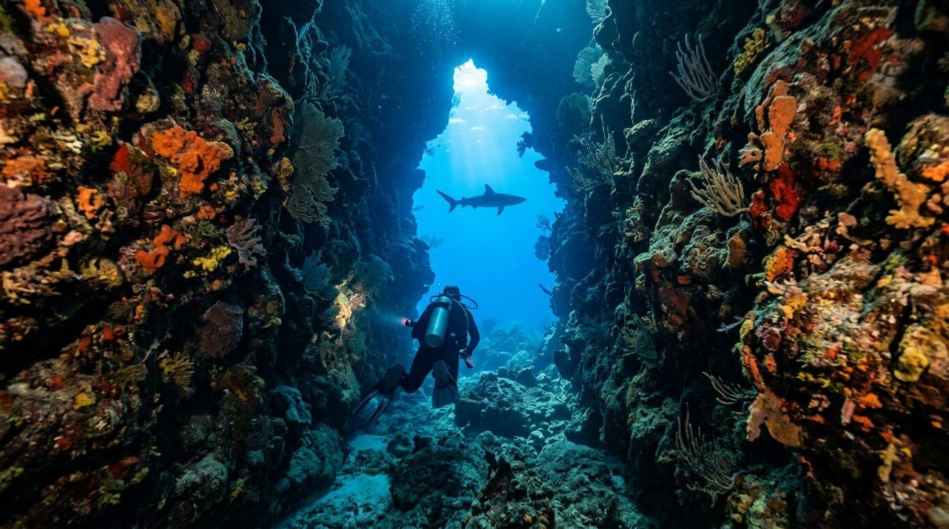 Diver navigating through a coral canyon at Little Caverns with Caribbean reef shark visible in the blue water beyond