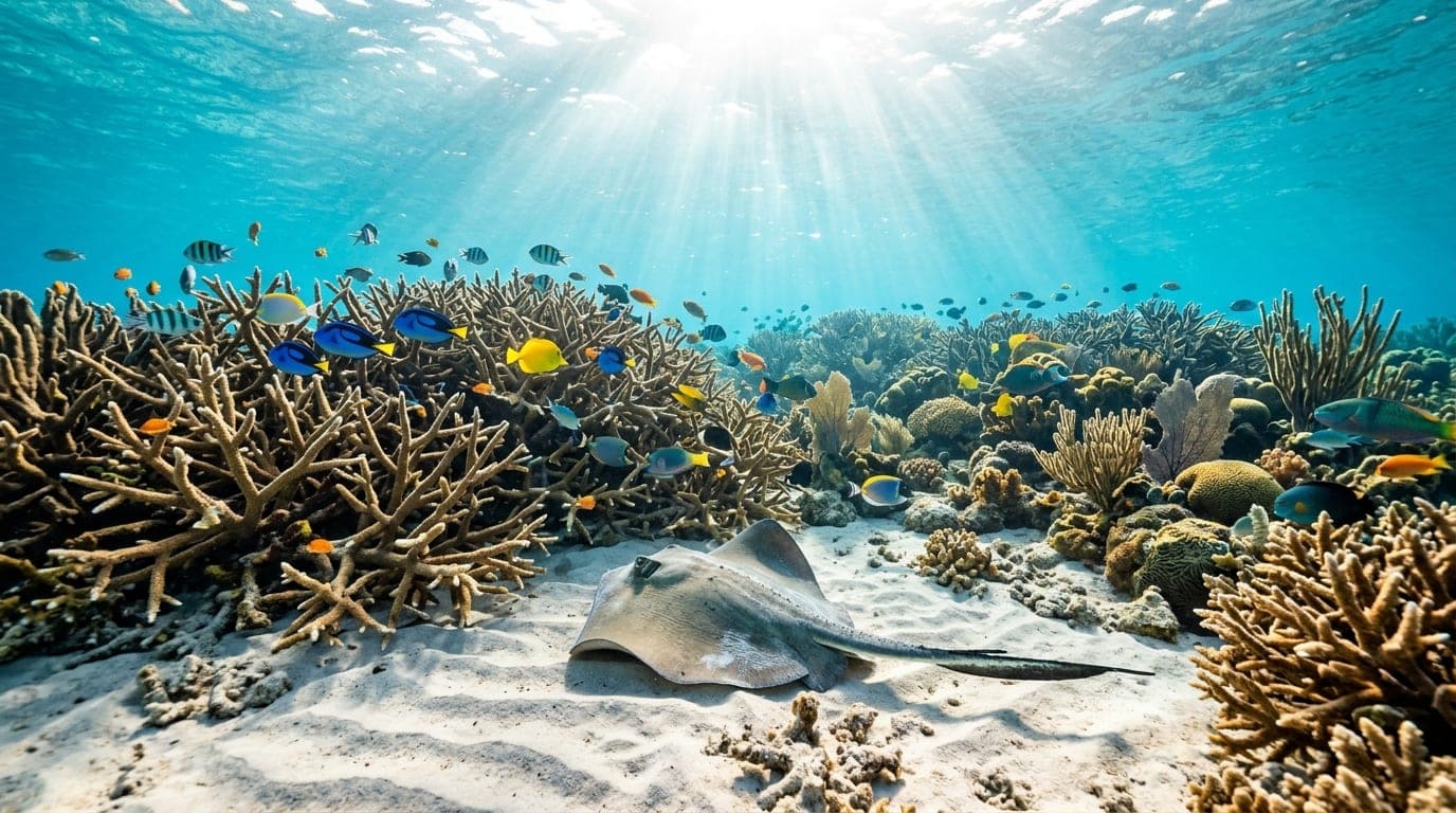 Healthy staghorn coral formations at Mamma Rhoda Reef with colorful reef fish and a stingray resting on the sandy bottom