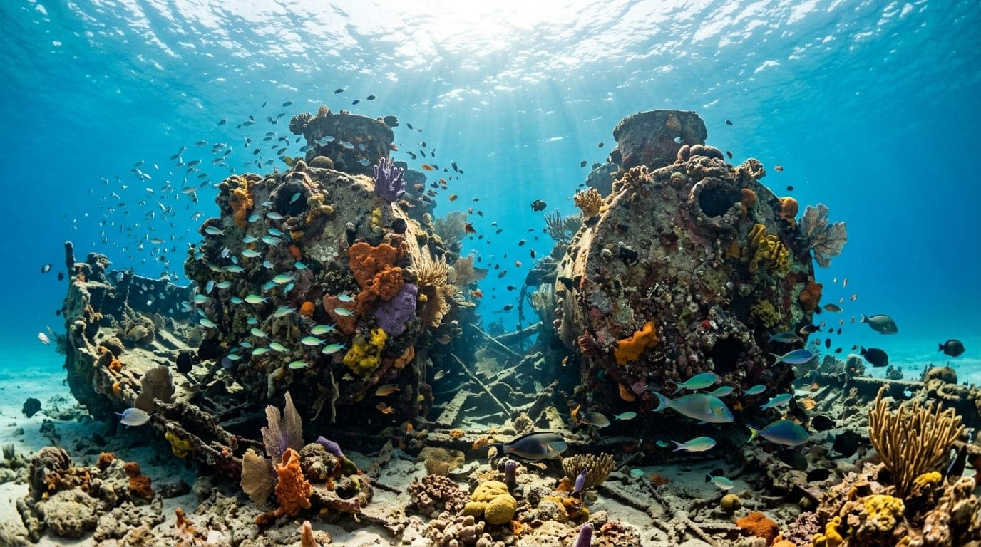 Coral-encrusted boilers of the San Jacinto shipwreck rising from the seafloor off Green Turtle Cay in Abaco