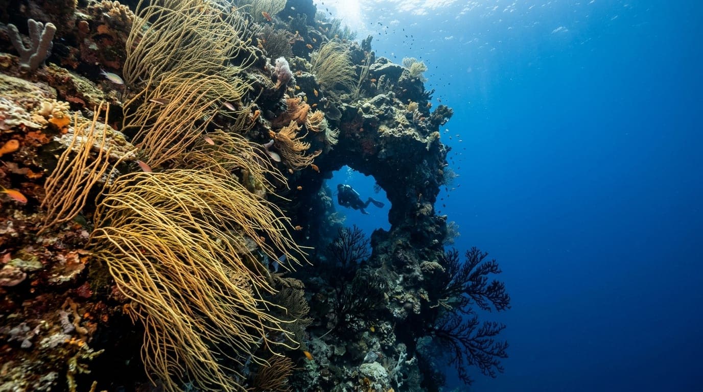 Diver swimming past dense wire coral forest on Whip Wire Wall dive site in Andros Bahamas with deep blue water visible beyond