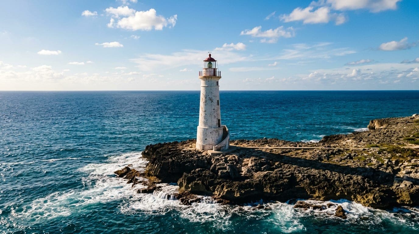 The white stone Bird Rock Lighthouse rising from rocky shores with deep blue waters of the Crooked Island Passage stretching to the horizon