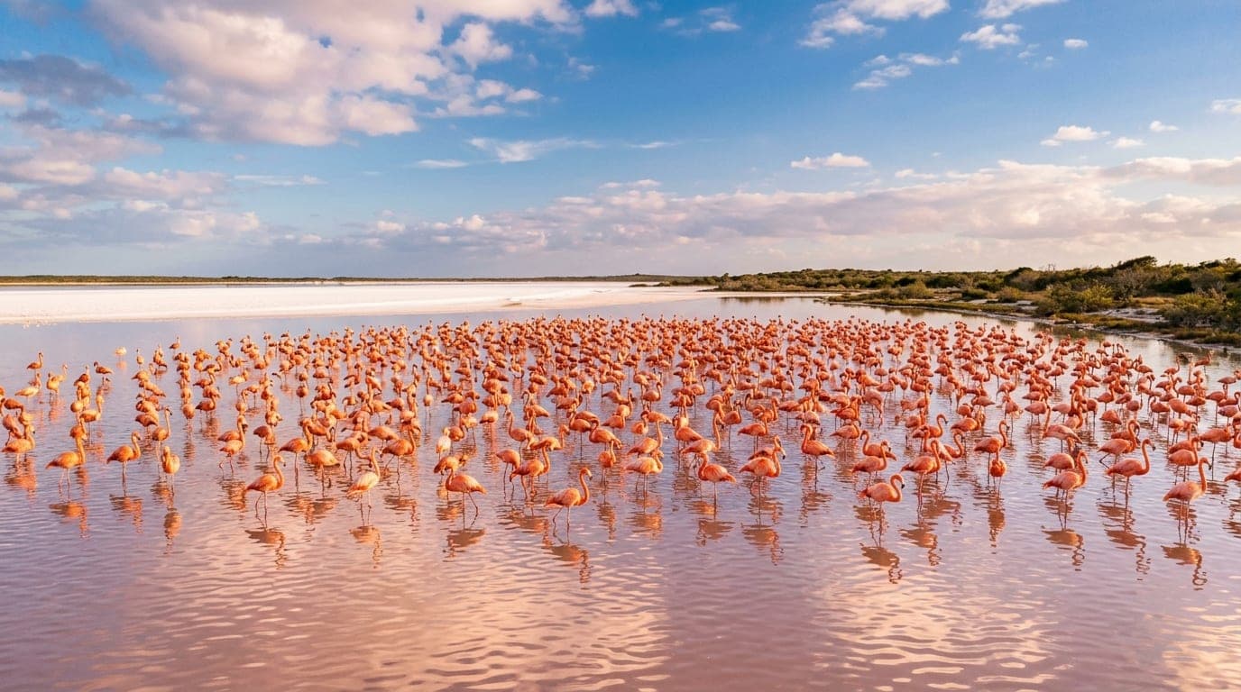 Thousands of pink West Indian flamingos wading in the shallow waters of Lake Windsor with salt flats and scrubland stretching to the horizon