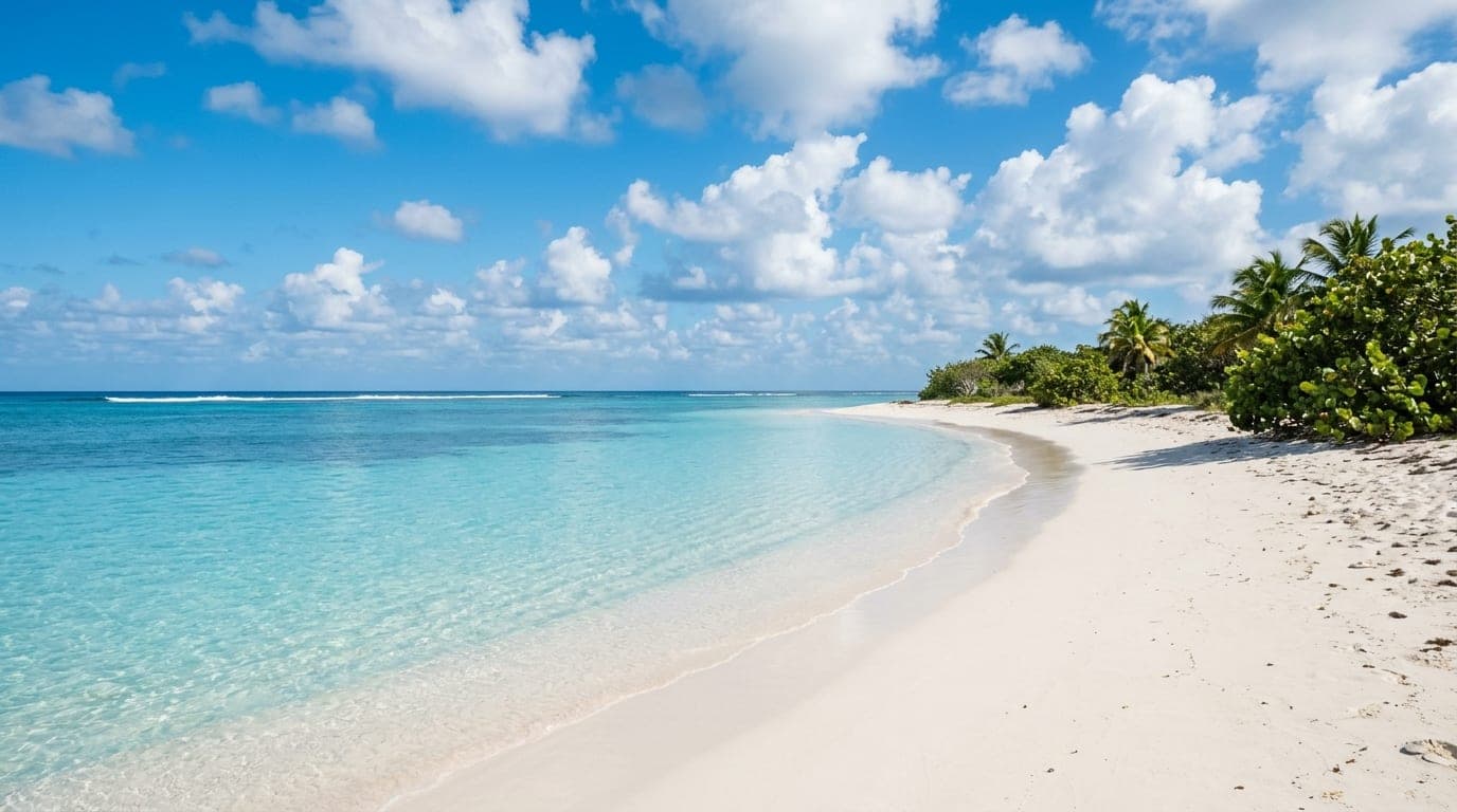 Deserted white sand beach on Mayaguana with crystal-clear turquoise water stretching to a distant reef line under brilliant blue skies